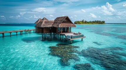 Luxurious overwater bungalow offering a stunning split view of a vibrant coral reef underwater and serene sea horizon above.