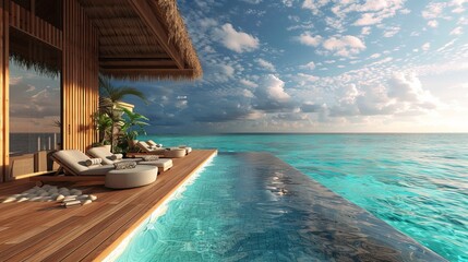 Obraz premium Luxurious overwater bungalow offering a stunning split view of a vibrant coral reef underwater and serene sea horizon above.