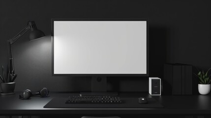 Minimalist Black-Themed Desk Setup with Computer and Accessories