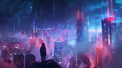 Futuristic Cyberpunk Cityscape Illustration with Neon Lights and Silhouetted Figure Overlooking Skyline