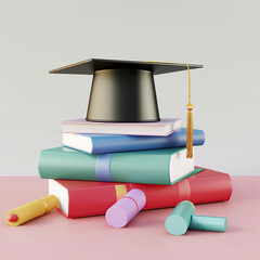 3d render of college graduation cap on top of books