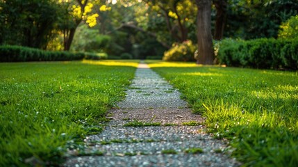 Obraz premium A path in a park with a tree in the background. The grass is green and the path is made of concrete