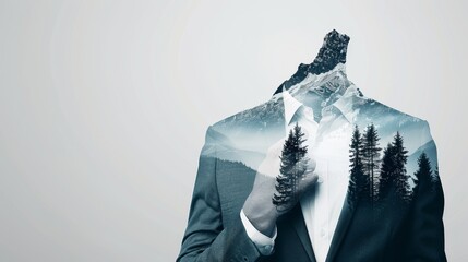 Businessperson standing confidently, double exposure photography merging with a futuristic digital interface and a picturesque mountain forest scene