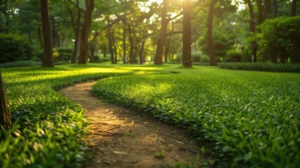 Fototapeta premium A path in a park with trees and grass. The sun is shining brightly, creating a warm and inviting atmosphere. The scene is peaceful and serene