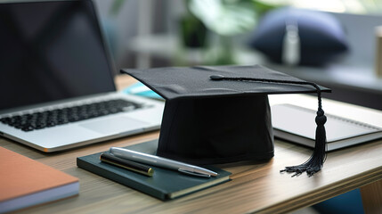 Black graduation cap on the table with laptop and pen. Concept of online education