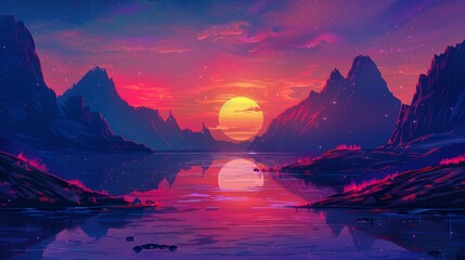 Stunning Vibrant Sunset Landscape Illustration with Starry Sky and Reflective Lake