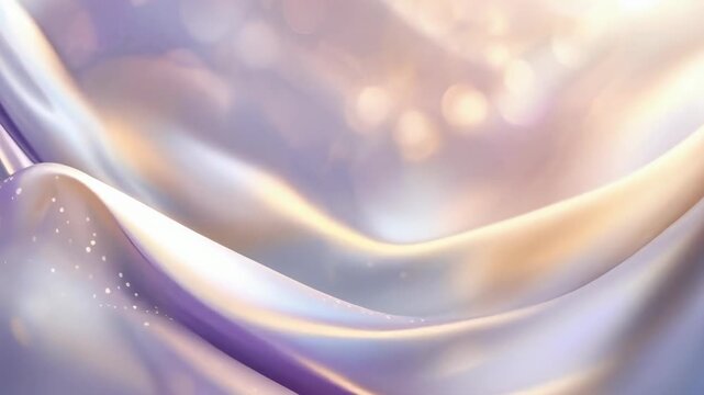 A close-up view of flowing silk fabric in soft pastel hues with sparkles. The abstract scene exudes a dreamy and ethereal atmosphere, with light reflecting off the surface. Ideal for backgrounds or
