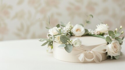 Elegant floral wreath with white roses and green foliage on a round, ribbon-tied box, perfect for weddings or romantic decorations.