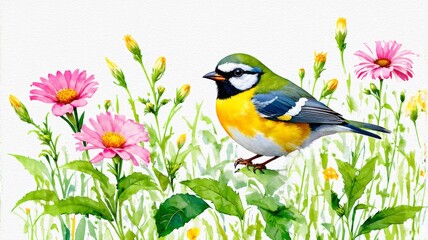 Obraz premium Vibrant Watercolor Illustration of a Colorful Bird Among Wild Flowers â€“ Perfect for Nature Lovers