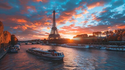 Eiffel Tower iconic landmark and Paris old roofs from above, Paris France