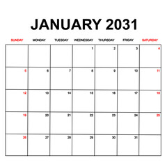 january 2031. Calendar with holydays or red dates. monthly calendar design with week starts on sunday. printable, simple, and clean vector design isolated on white background.