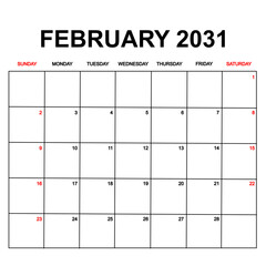february 2031. Calendar with holydays or red dates. monthly calendar design with week starts on sunday. printable, simple, and clean vector design isolated on white background.