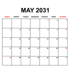 may 2031. Calendar with holydays or red dates. monthly calendar design with week starts on sunday. printable, simple, and clean vector design isolated on white background.