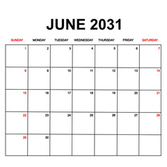 june 2031. Calendar with holydays or red dates. monthly calendar design with week starts on sunday. printable, simple, and clean vector design isolated on white background.