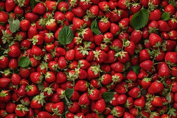 A close up of a bunch of red strawberries with green leaves. Concept of abundance and freshness, as the strawberries are piled high and appear to be ripe and ready to be eaten