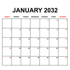 january 2032. Calendar with holydays or red dates. monthly calendar design with week starts on sunday. printable, simple, and clean vector design isolated on white background.