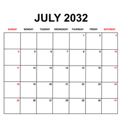 july 2032. Calendar with holydays or red dates. monthly calendar design with week starts on sunday. printable, simple, and clean vector design isolated on white background.