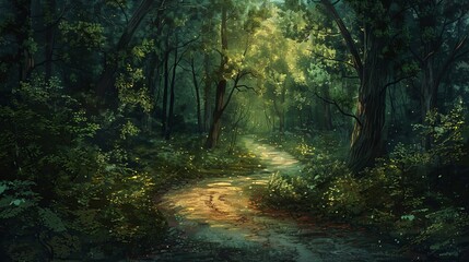 Fototapeta premium Magical fairytale forest. Coniferous forest covered of green moss. Mystic atmosphere.