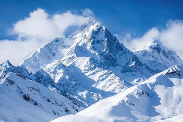 Obraz premium The mountains are covered in snow and the sky is clear. The mountains are very tall and majestic