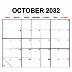 october 2032. Calendar with holydays or red dates. monthly calendar design with week starts on sunday. printable, simple, and clean vector design isolated on white background.