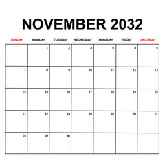 november 2032. Calendar with holydays or red dates. monthly calendar design with week starts on sunday. printable, simple, and clean vector design isolated on white background.