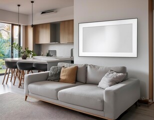 Fototapeta premium Mock up poster empty frame with modern loft interior background. Generated image