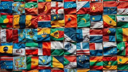 Fototapeta premium Colorful crumpled flags of different countries as a background texture