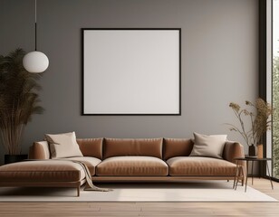 Mock up poster empty frame with modern loft interior background. Generated image