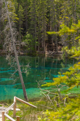 Breathtaking views of the upper and lower Grassi Lakes with brilliant turquoise and aqua waters set in a serene wilderness outside the town of Canmore near Kananaskis during the summer season.