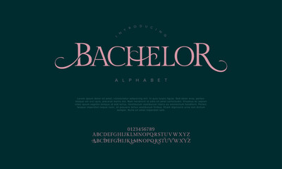 Bachelor swash luxury elegant alphabet letters and numbers. Vintage wedding typography classic serif font decorative vintage retro. creative vector illustration