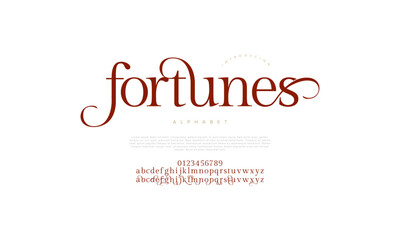 Fortunes swash luxury elegant alphabet letters and numbers. Vintage wedding typography classic serif font decorative vintage retro. creative vector illustration