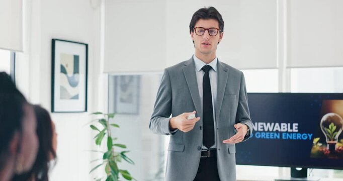 Businessman, presentation and idea in boardroom for business or startup company with vision and strategy. Entrepreneur, meeting and proposal for funding opportunity or project with clients at office