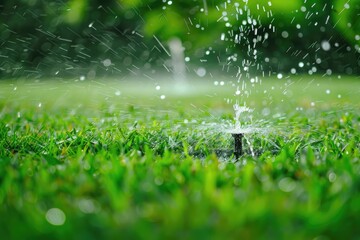 A sprinkler is watering a green lawn. The water is falling in a steady stream, creating a peaceful and calming atmosphere