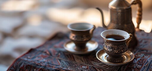 Classic bronze cups and teapots in Arabic style, traditional drinks menu
