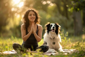 Yoga with a dog and a smiling girl outdoors