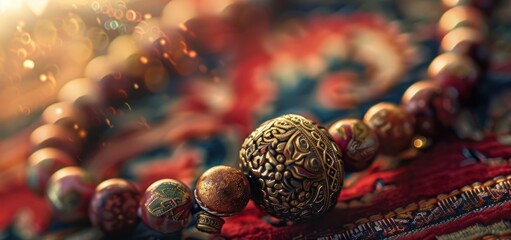 Traditional tasbih with carvings as an Islamic prayer tool.