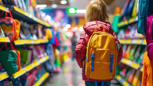 boy with orange backpack in the store in the stationery department, shopping for school, September 1, knowledge day