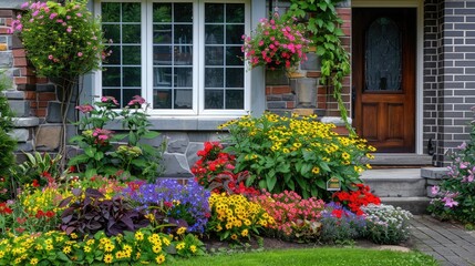 Fototapeta premium A charming front garden with a mix of colorful flowers and green shrubs, enhancing the curb appeal of a modern house.
