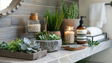 A chic bathroom shelf with a mix of decorative items, including succulents, candles, and bath salts.