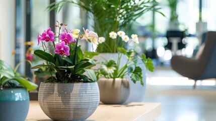 A close-up of potted flowering plants in a modern office, adding a touch of nature to the workspace.