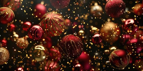 A collection of red and gold Christmas ornaments