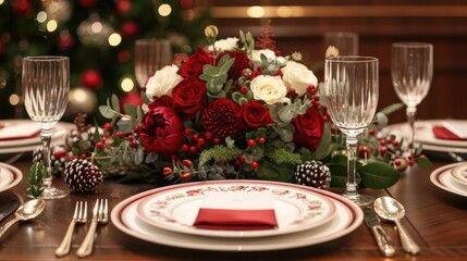 A table with a Christmas tree in the background and a red and white floral arrangement in the center. The table is set with four place settings, each with a fork, knife, spoon, and a wine glass