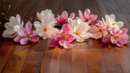 Fototapeta premium A collection of blooming magnolias arranged on a polished wooden floor, showcasing their elegance.