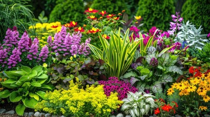 Obraz premium A colorful mix of perennials and annuals blooming in a garden bed, with a variety of shapes and textures creating a vibrant display.