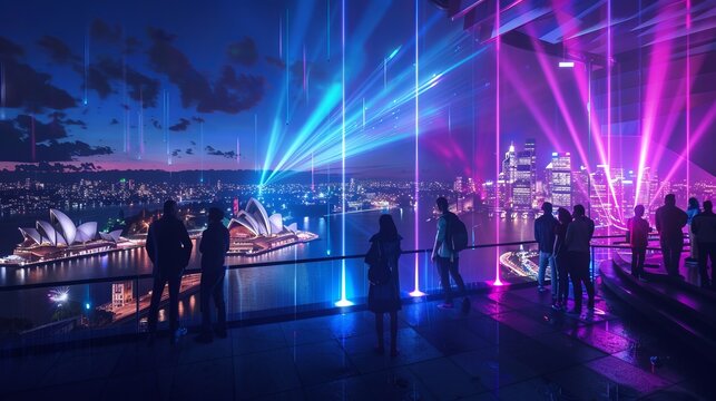 Colourful Light show at night on Sydney Harbour NSW Australia. The bridge illuminated with lasers and neon coloured lights