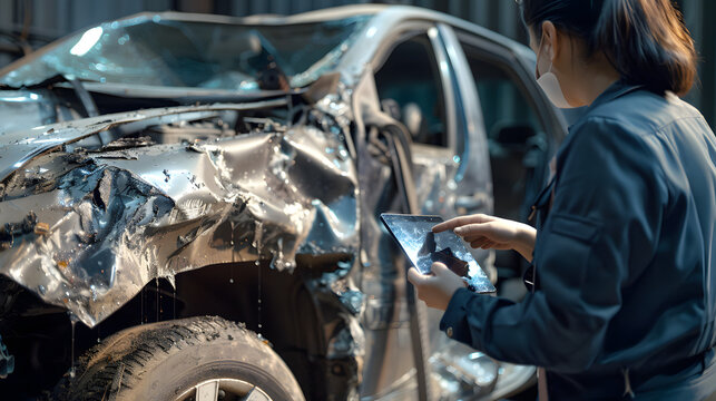 Claims Adjuster Utilizing Tablet to Assess Vehicle Damage in Spacious Garage
