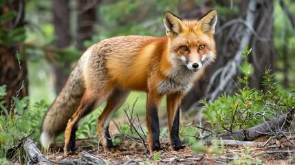 Fototapeta premium Close up wild fox on mossy rock. Natural forest habitat with beast of prey.