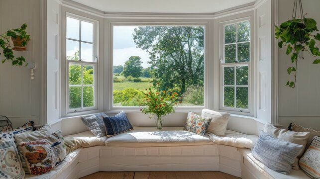 A large bay window with a comfortable window seat, perfect for relaxing and enjoying the view.