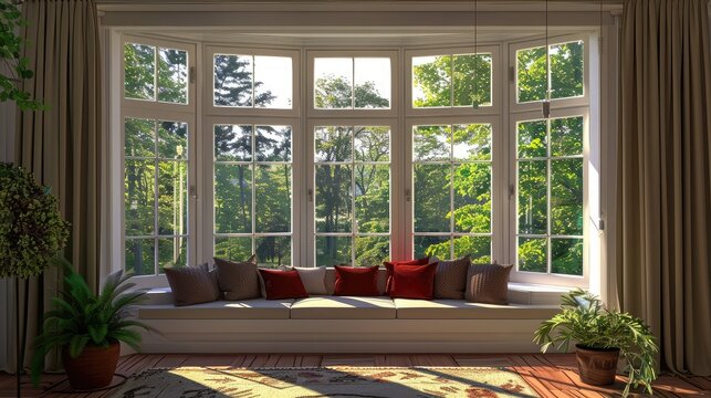 A large bay window with a comfortable window seat, perfect for relaxing and enjoying the view.