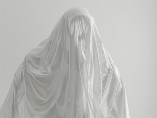 A woman wearing a white cloth draped over her head, providing privacy and modesty